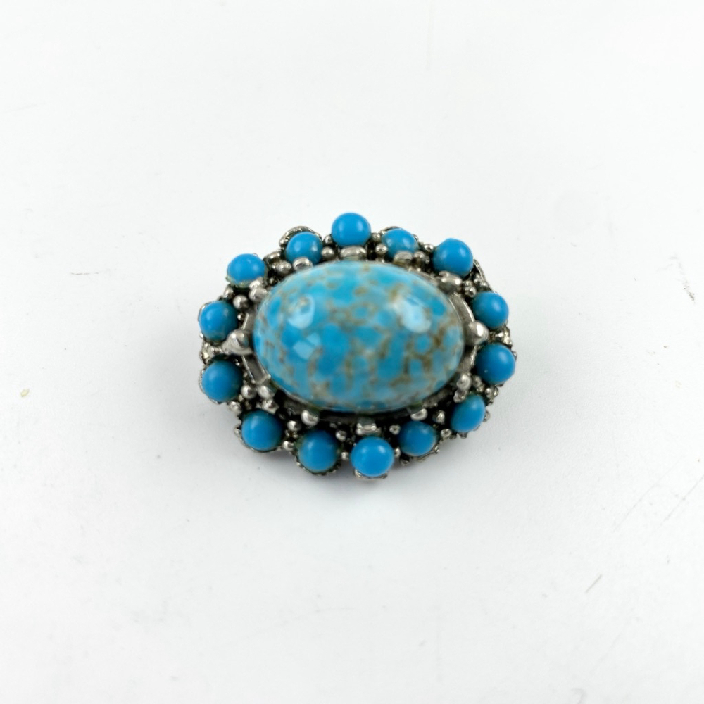 Vintage Small Faux Turquoise Cabochon Silver Brooch.